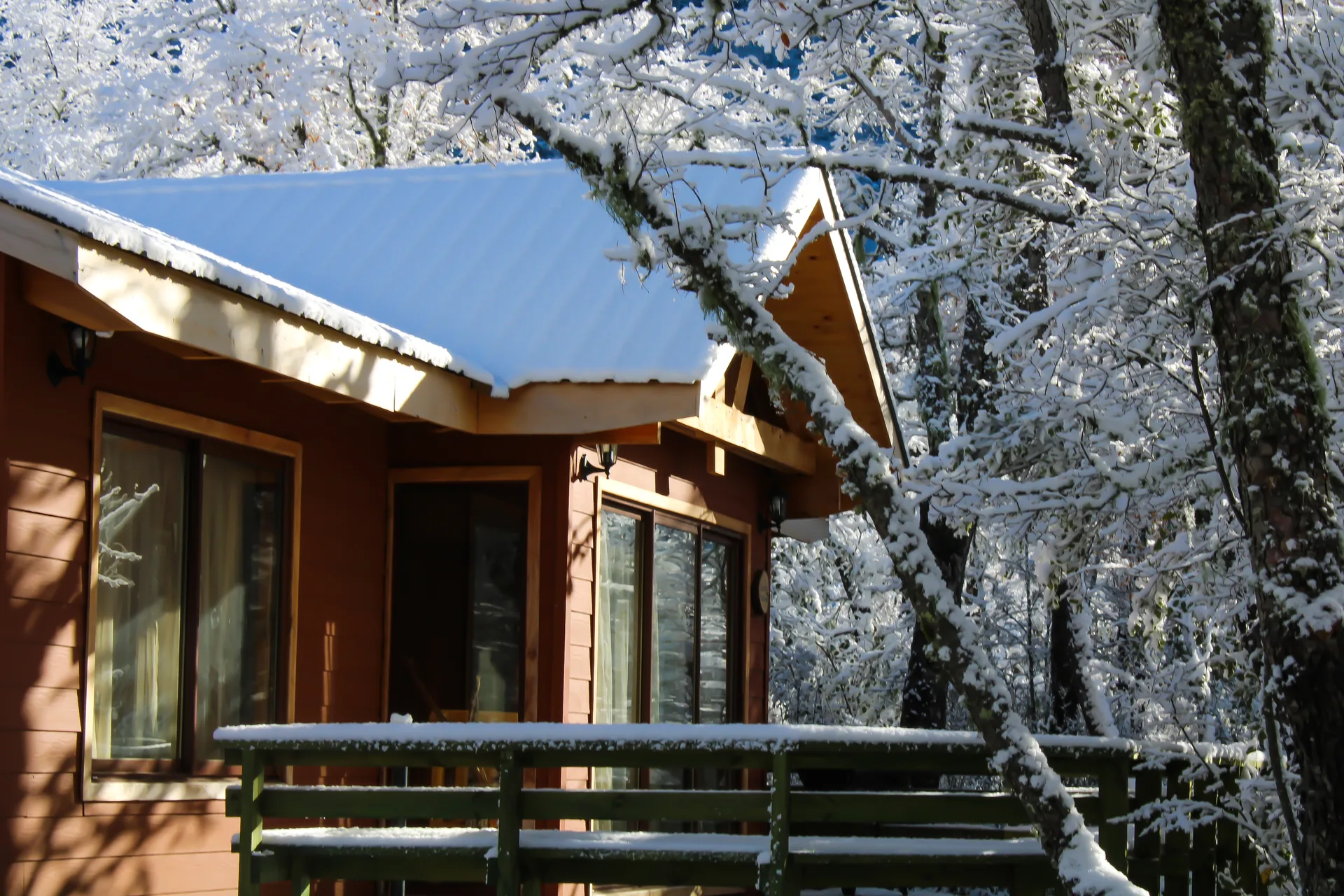 Cabaña nevada en el bosque